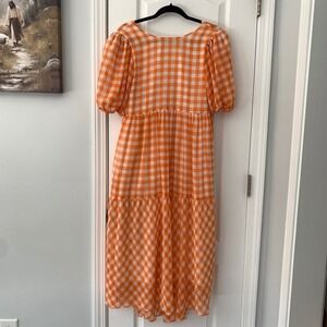 English Factory Orange White Gingham Tiered Midi Dress Puff Sleeve Tie Back S